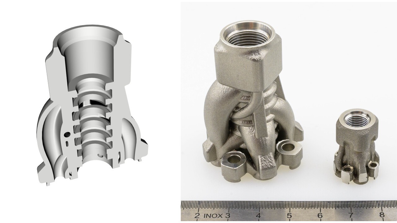 Cut view (left) and manufactured parts of novel design (right, one standard and one miniaturized)