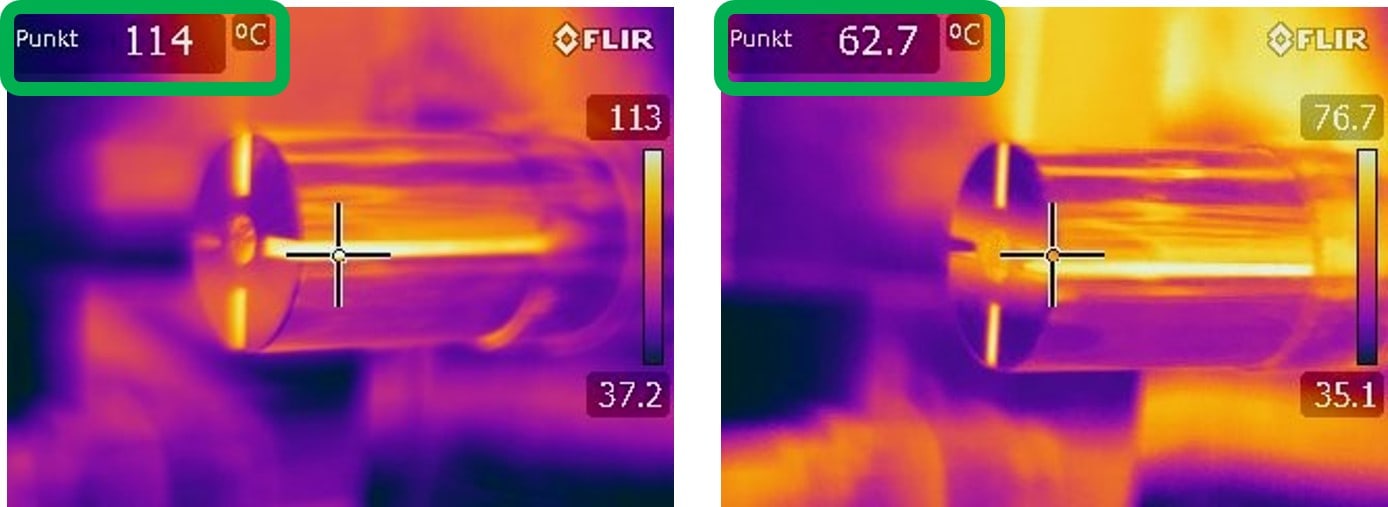 Wärmebild-Vergleich: links konventionell (114°C) / rechts additiv hergestellt (62.7°C)